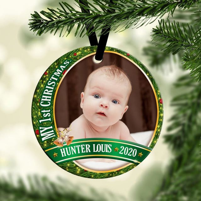 My 1st Christmas Custom Upload Photo And Text Decorative Christmas Circle Ornament 2 Sided