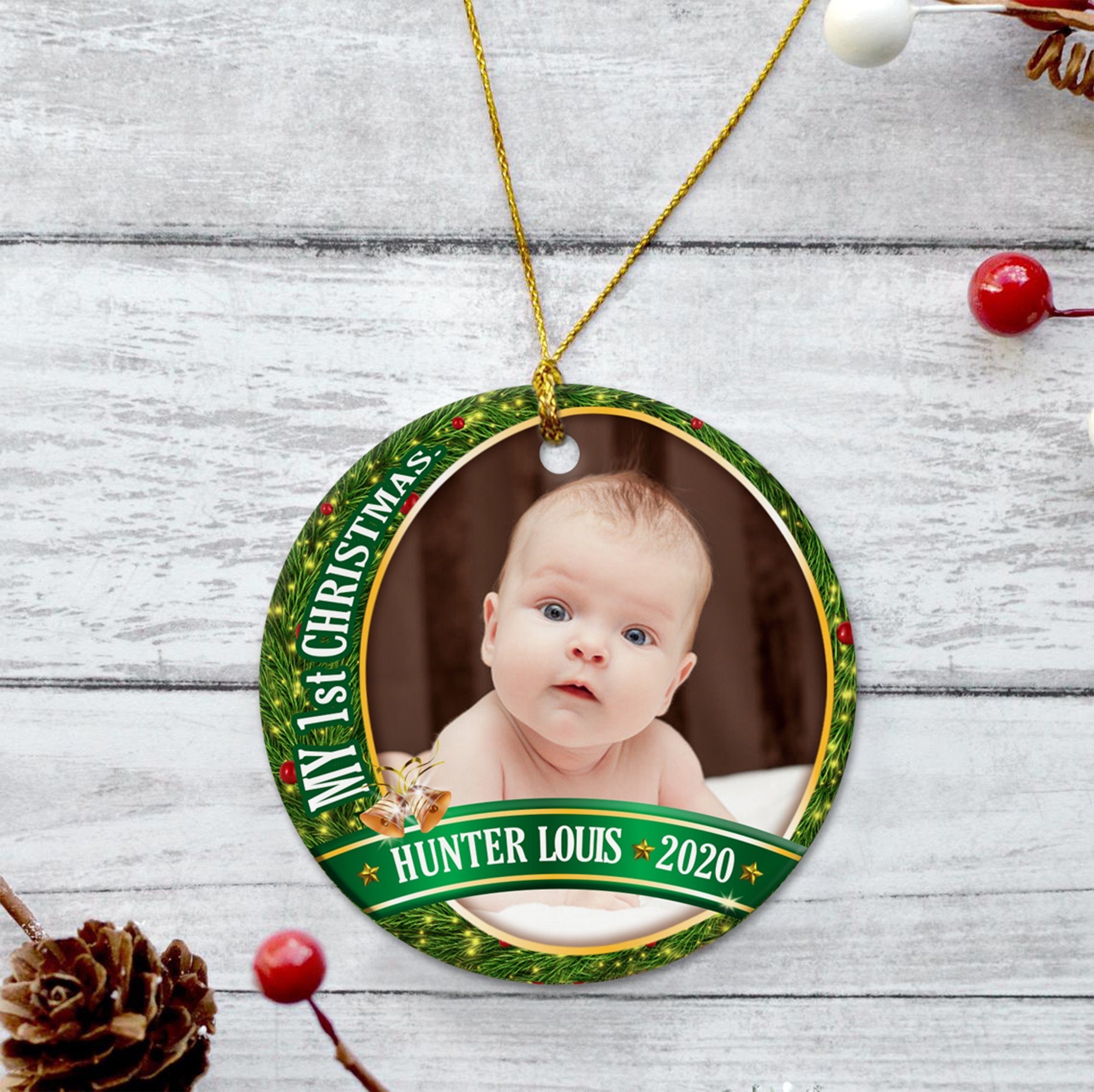 My 1st Christmas Custom Upload Photo And Text Decorative Christmas Circle Ornament 2 Sided
