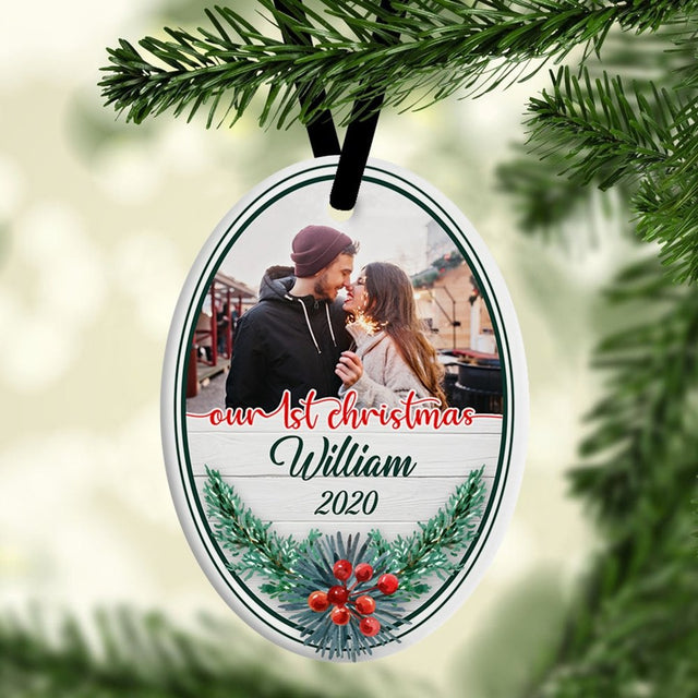 Our 1st Christmas 2020 Custom Photo And Text Decorative Christmas Oval Ornament 2 Sided