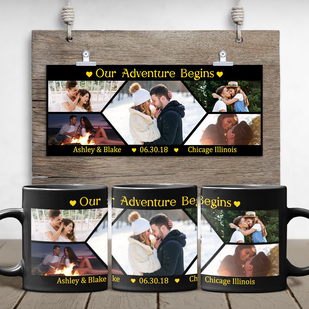 Our Adventure Begins, Custom Photo Collage 5 Pictures Black Mug