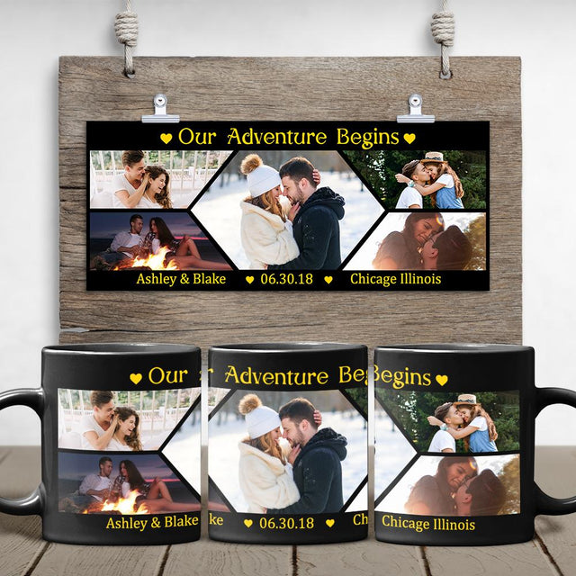 Our Adventure Begins, Custom Photo Collage 5 Pictures Black Mug