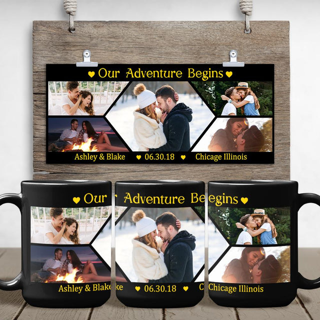 Our Adventure Begins, Custom Photo Collage 5 Pictures Black Mug