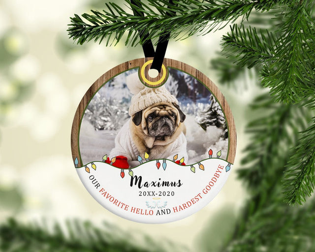 Our Favorite Hello And Hardest Goodbye Custom Photo And Text Decorative Christmas Circle Ornament 2 Sided