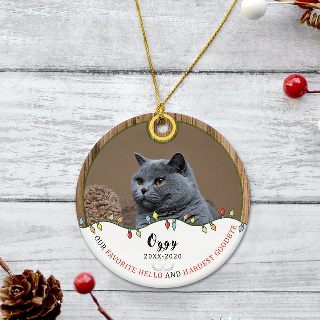 Our Favorite Hello And Hardest Goodbye Custom Photo And Text For Cat Lover Decorative Christmas Circle Ornament 2 Sided