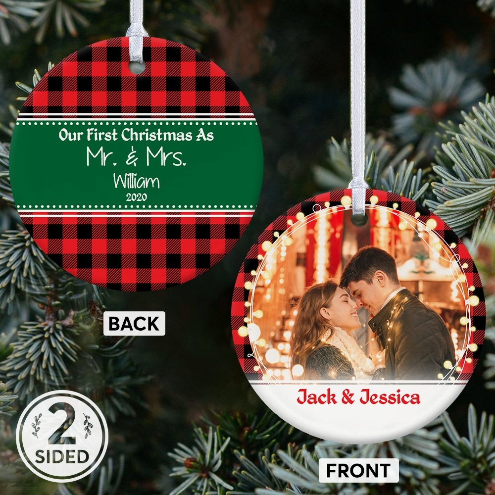 Our First Christmas As Mr & Mrs 2020 Custom Photo And Text Decorative Christmas Circle Ornament 2 Sided