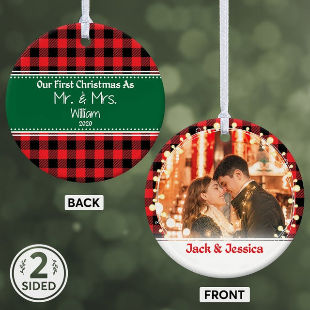 Our First Christmas As Mr & Mrs 2020 Custom Photo And Text Decorative Christmas Circle Ornament 2 Sided