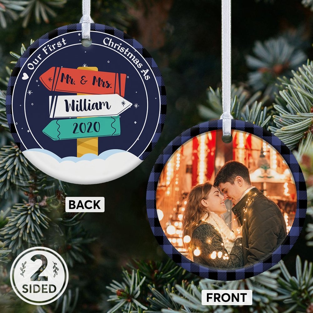 Our First Christmas As Mr & Mrs 2020 Custom Photo And Text Street Sign Decorative Christmas Circle Ornament 2 Sided
