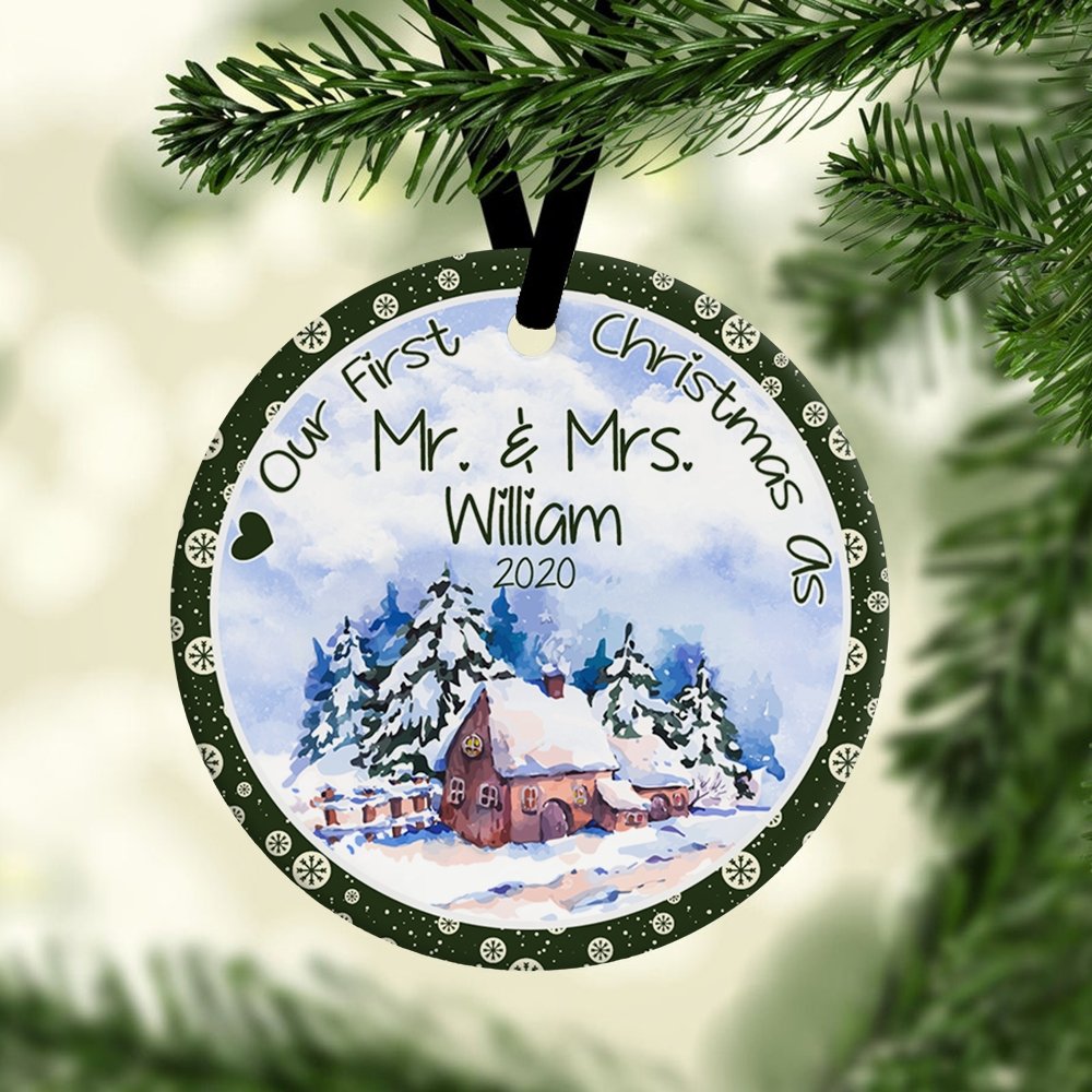 Our First Christmas As Mr & Mrs 2020 Custom Text Decorative Christmas Circle Ornament 2 Sided