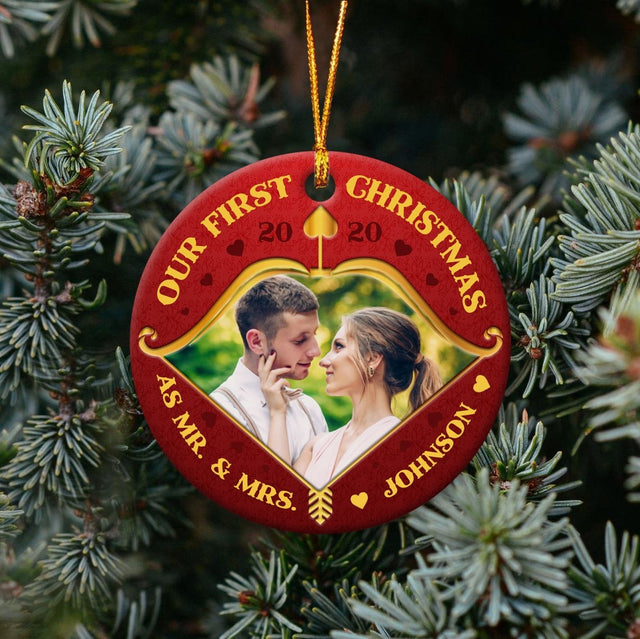 Our First Christmas As Mr & Mrs 2020 Custom Upload Photo And Text Decorative Christmas Circle Ornament 2 Sided