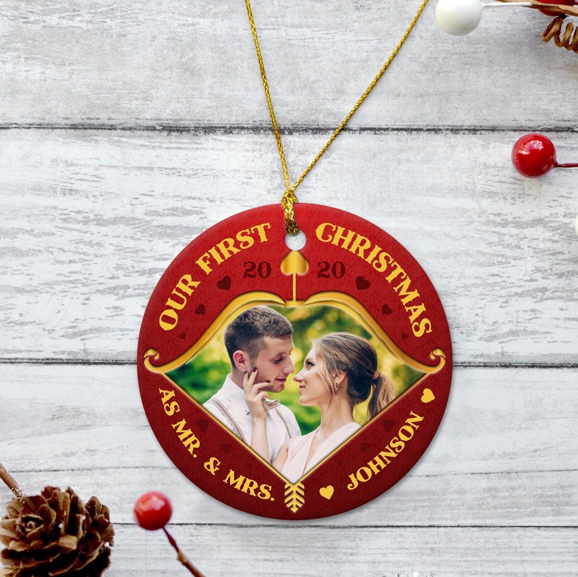 Our First Christmas As Mr & Mrs 2020 Custom Upload Photo And Text Decorative Christmas Circle Ornament 2 Sided