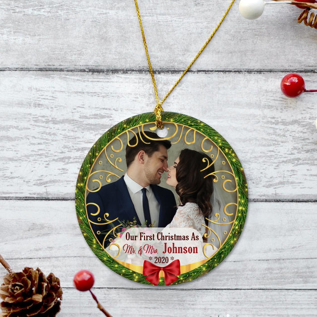 Our First Christmas As Mr & Mrs Custom Upload Photo And Text Decorative Christmas Circle Ornament 2 Sided