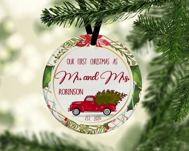 Our First Christmas As Ms And Mrs 2020 Red Truck Decorative Christmas Circle Ornament 2 Sided