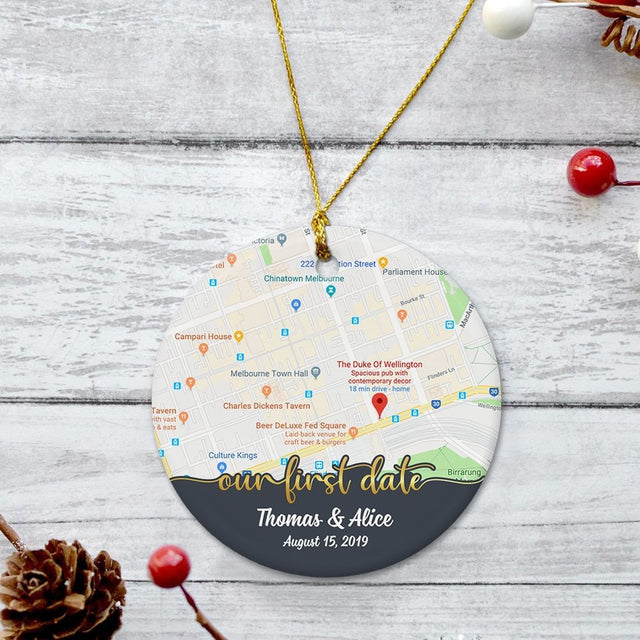 Our First Date Custom Anniversary Gift For Couples Personalized Map Decorative Christmas Circle Ornament 2 Sided