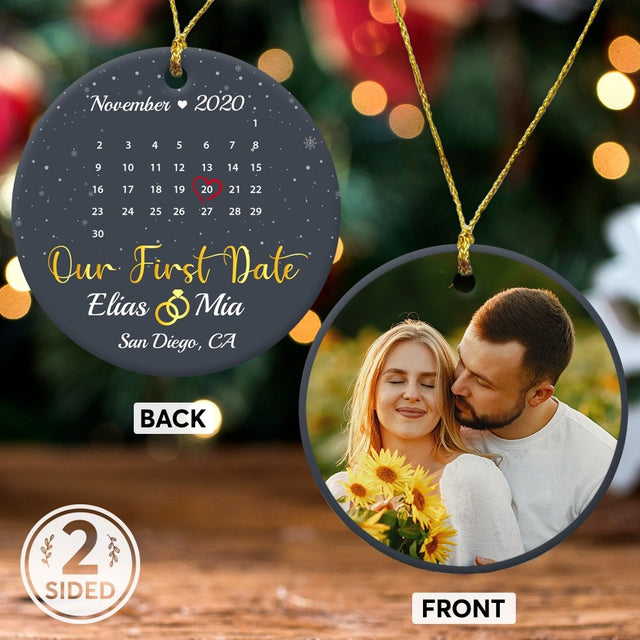 Our First Date Custom Photo, Date And Text Anniversary Gift Navy Background Decorative Christmas Circle Ornament 2 Sided