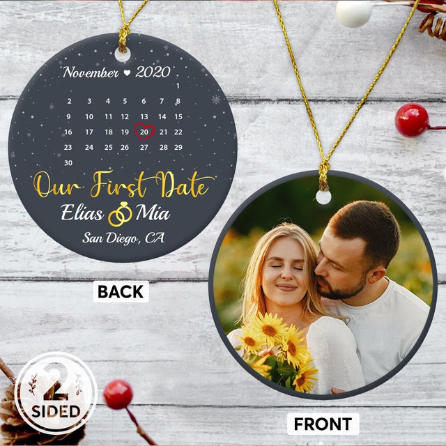 Our First Date Custom Photo, Date And Text Anniversary Gift Navy Background Decorative Christmas Circle Ornament 2 Sided