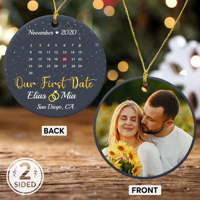 Our First Date Custom Photo, Date And Text Anniversary Gift Navy Background Decorative Christmas Circle Ornament 2 Sided