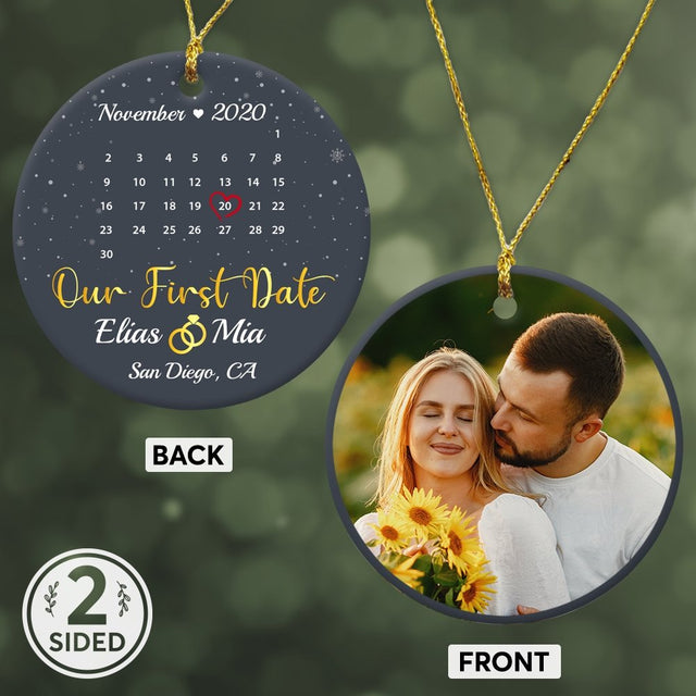 Our First Date Custom Photo, Date And Text Anniversary Gift Navy Background Decorative Christmas Circle Ornament 2 Sided