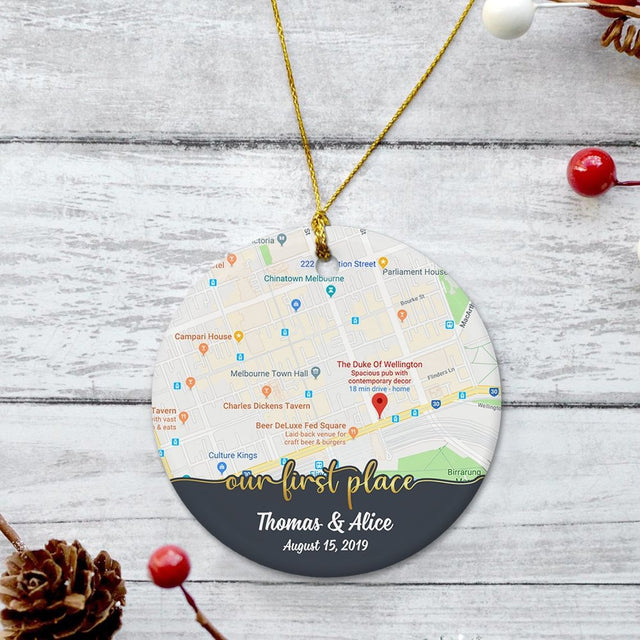 Our First Place Custom Anniversary Gift For Couples Personalized Map Decorative Christmas Circle Ornament 2 Sided