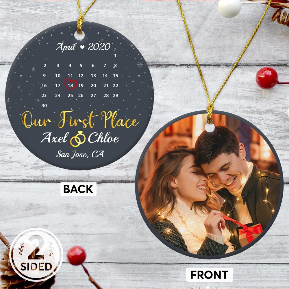 Our First Place Custom Photo, Date And Text Anniversary Gift Navy Background Decorative Christmas Circle Ornament 2 Sided