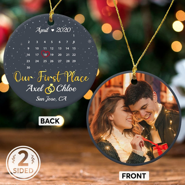 Our First Place Custom Photo, Date And Text Anniversary Gift Navy Background Decorative Christmas Circle Ornament 2 Sided
