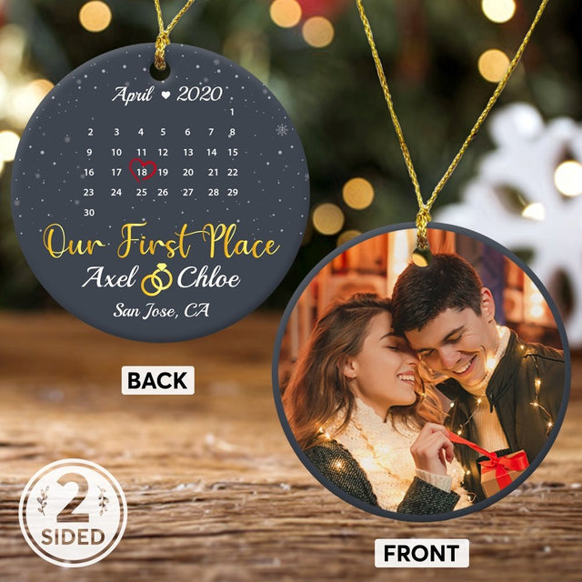 Our First Place Custom Photo, Date And Text Anniversary Gift Navy Background Decorative Christmas Circle Ornament 2 Sided