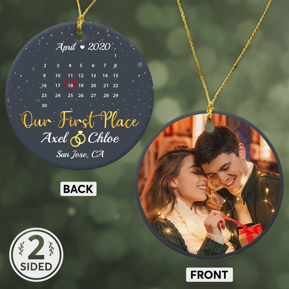 Our First Place Custom Photo, Date And Text Anniversary Gift Navy Background Decorative Christmas Circle Ornament 2 Sided