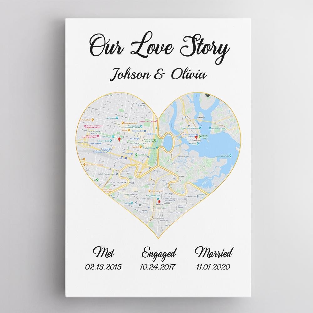 Our Love Story Met - Engaged - Married Custom Map And Text White Background Canvas