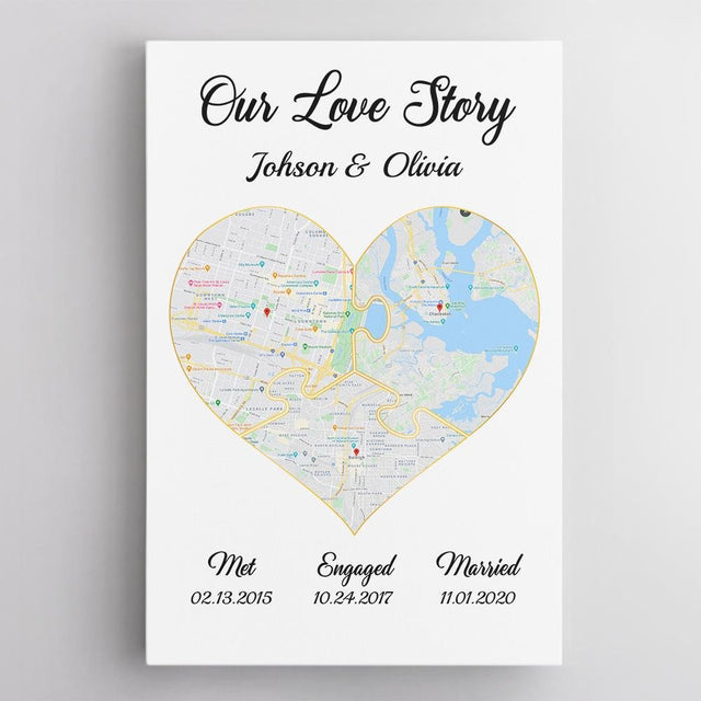 Our Love Story Met - Engaged - Married Custom Map And Text White Background Canvas