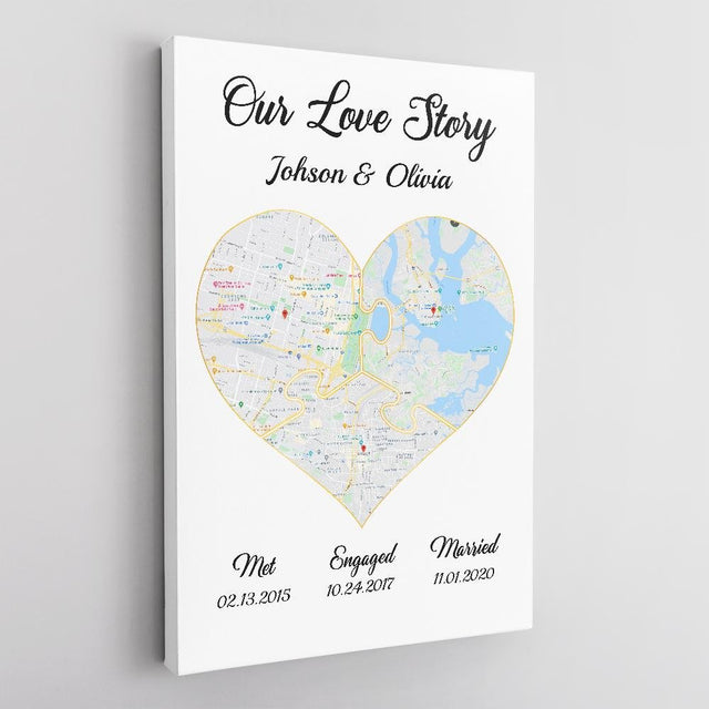 Our Love Story Met - Engaged - Married Custom Map And Text White Background Canvas