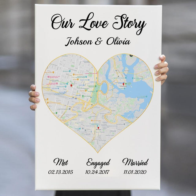Our Love Story Met - Engaged - Married Custom Map And Text White Background Canvas