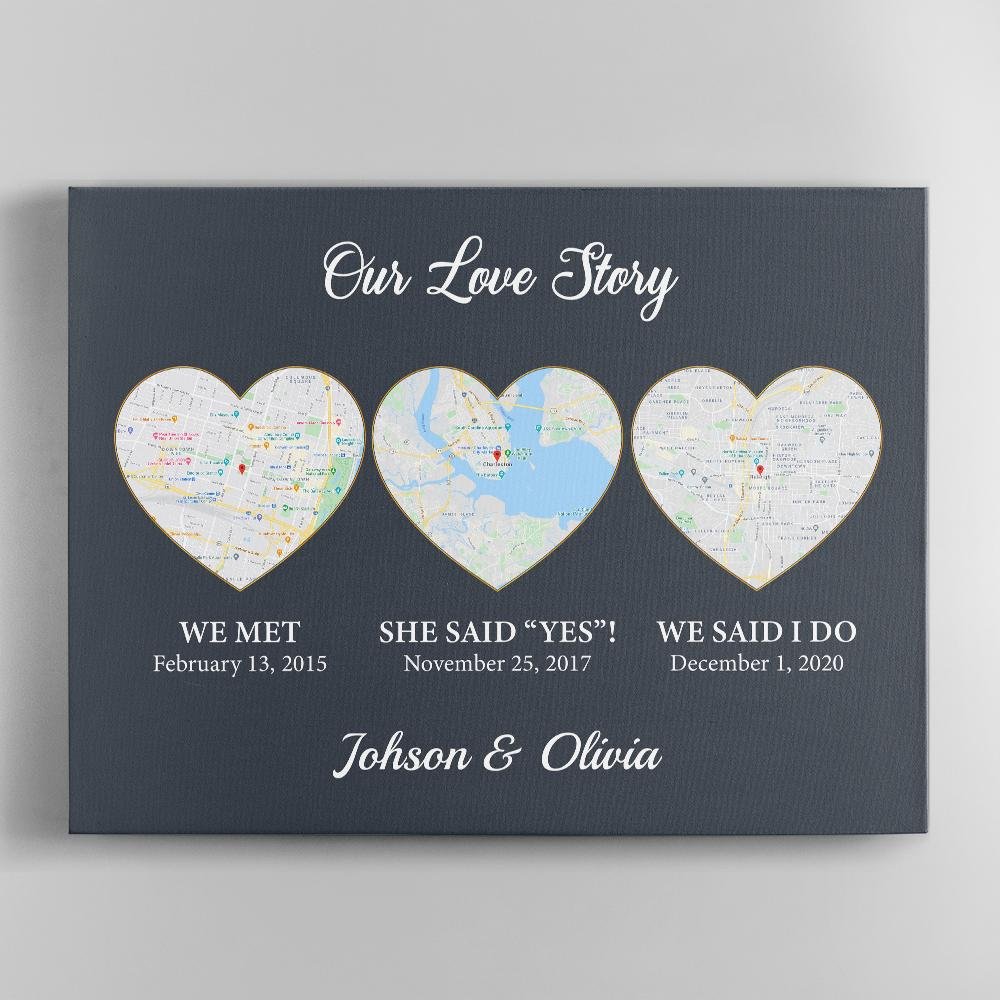 Our Love Story We Met She Said Yes We Said I Do Custom Map Print Navy Background Canvas