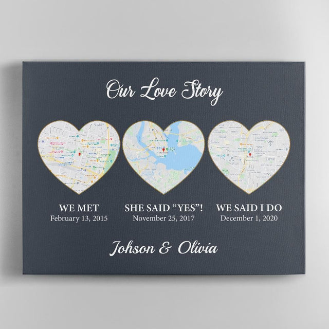 Our Love Story We Met She Said Yes We Said I Do Custom Map Print Navy Background Canvas