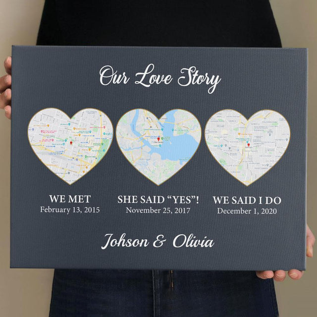 Our Love Story We Met She Said Yes We Said I Do Custom Map Print Navy Background Canvas