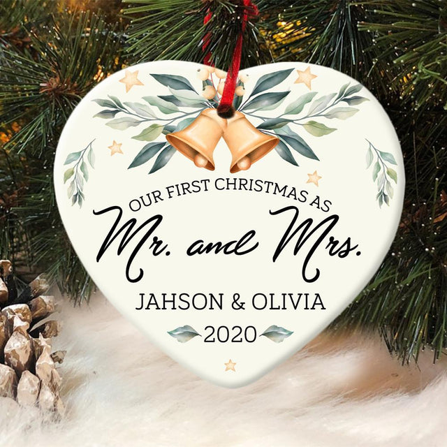 Ours First Christmas As Ms & Mrs 2020 Custom Text Grey Background Decorative Christmas Heart Ornament 2 Sided