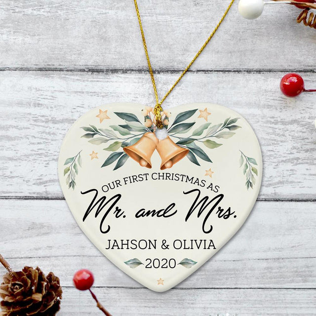 Ours First Christmas As Ms & Mrs 2020 Custom Text Grey Background Decorative Christmas Heart Ornament 2 Sided