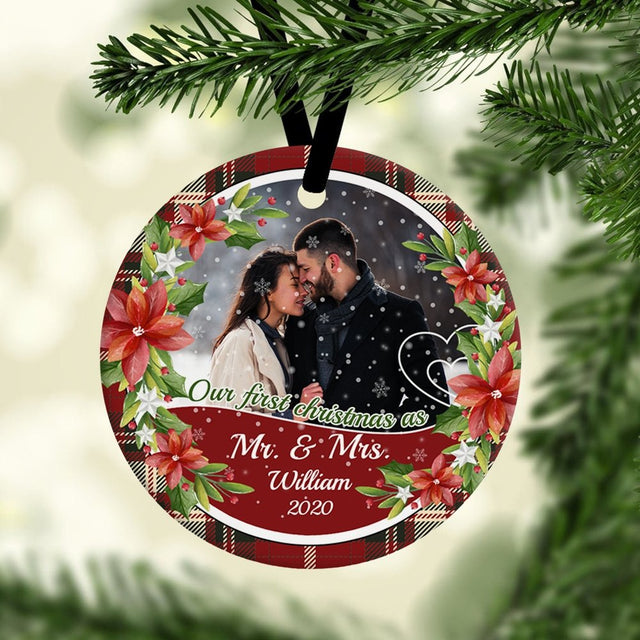 Ours First Christmas As Ms & Mrs 2020 Custom Upload Photo And Text Decorative Christmas Circle Ornament 2 Sided