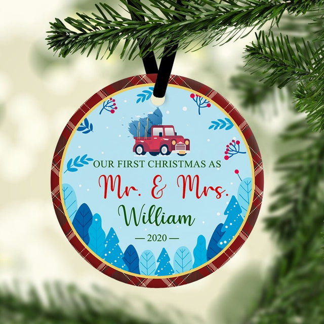Ours First Christmas As Ms & Mrs Christmas Tree Blue Background Decorative Christmas Circle Ornament 2 Sided