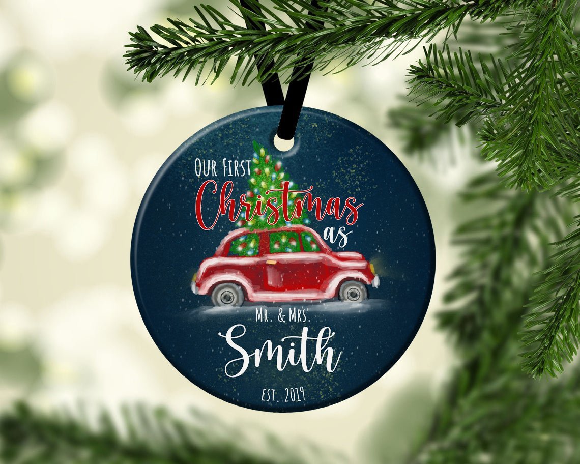 Ours First Christmas As Ms & Mrs Christmas Tree Dark Blue Background Decorative Christmas Circle Ornament 2 Sided
