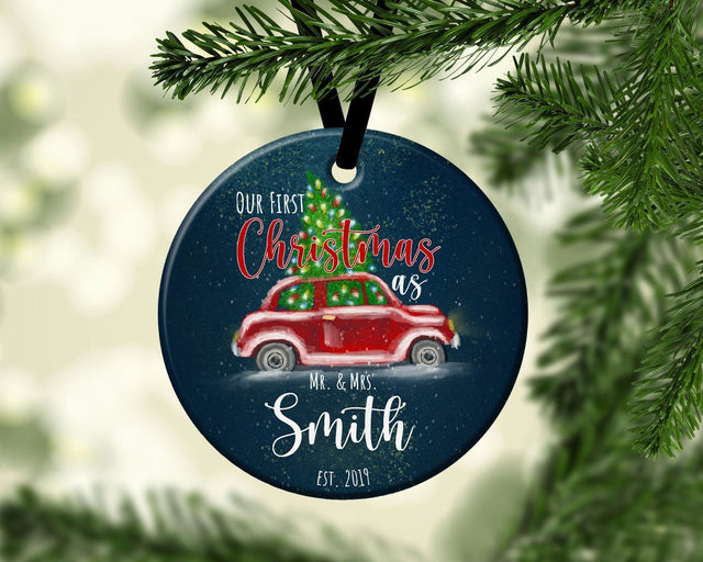 Ours First Christmas As Ms & Mrs Christmas Tree Dark Blue Background Decorative Christmas Circle Ornament 2 Sided