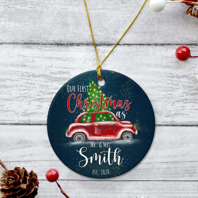 Ours First Christmas As Ms & Mrs Christmas Tree Dark Blue Background Decorative Christmas Circle Ornament 2 Sided