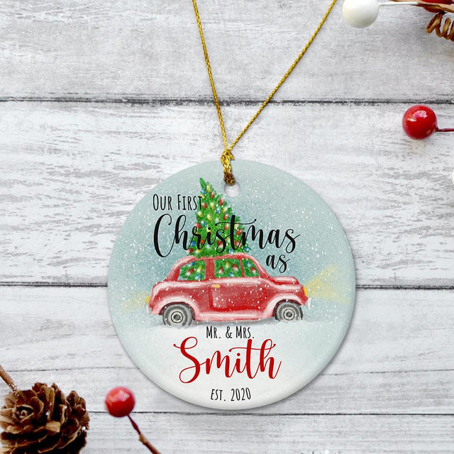 Ours First Christmas As Ms & Mrs Christmas Tree Light Blue Background Decorative Christmas Circle Ornament 2 Sided