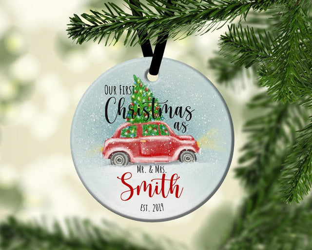 Ours First Christmas As Ms & Mrs Christmas Tree Light Blue Background Decorative Christmas Circle Ornament 2 Sided