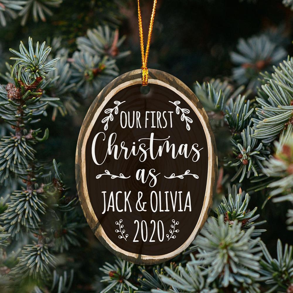 Ours First Christmas As Ms & Mrs Custom Text Decorative Christmas Oval Ornament 2 Sided