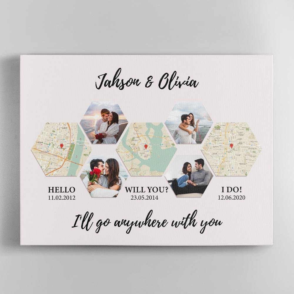 Personalized Map, Photos, Text Hexagon Style Wall Canvas