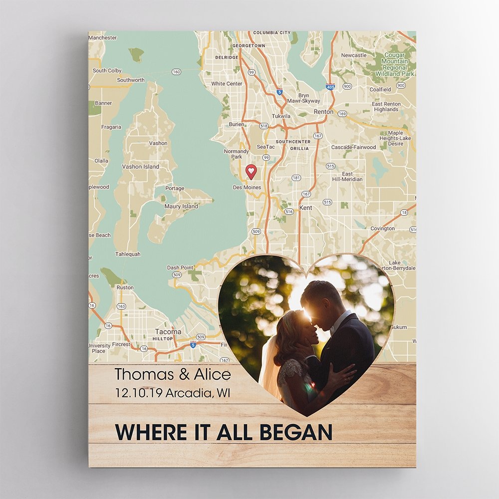 Personalized Map Print And Photo, Custom Text Wood Background Canvas