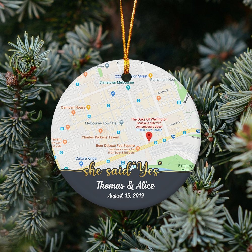 She Said Yes Custom Anniversary Gift For Couples Personalized Map Decorative Christmas Circle Ornament 2 Sided