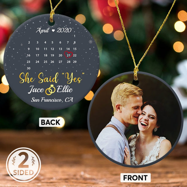 She Said Yes Custom Photo, Date And Text Anniversary Gift Navy Background Decorative Christmas Circle Ornament 2 Sided