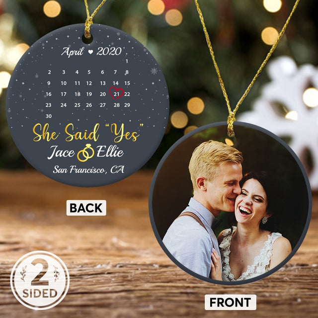 She Said Yes Custom Photo, Date And Text Anniversary Gift Navy Background Decorative Christmas Circle Ornament 2 Sided