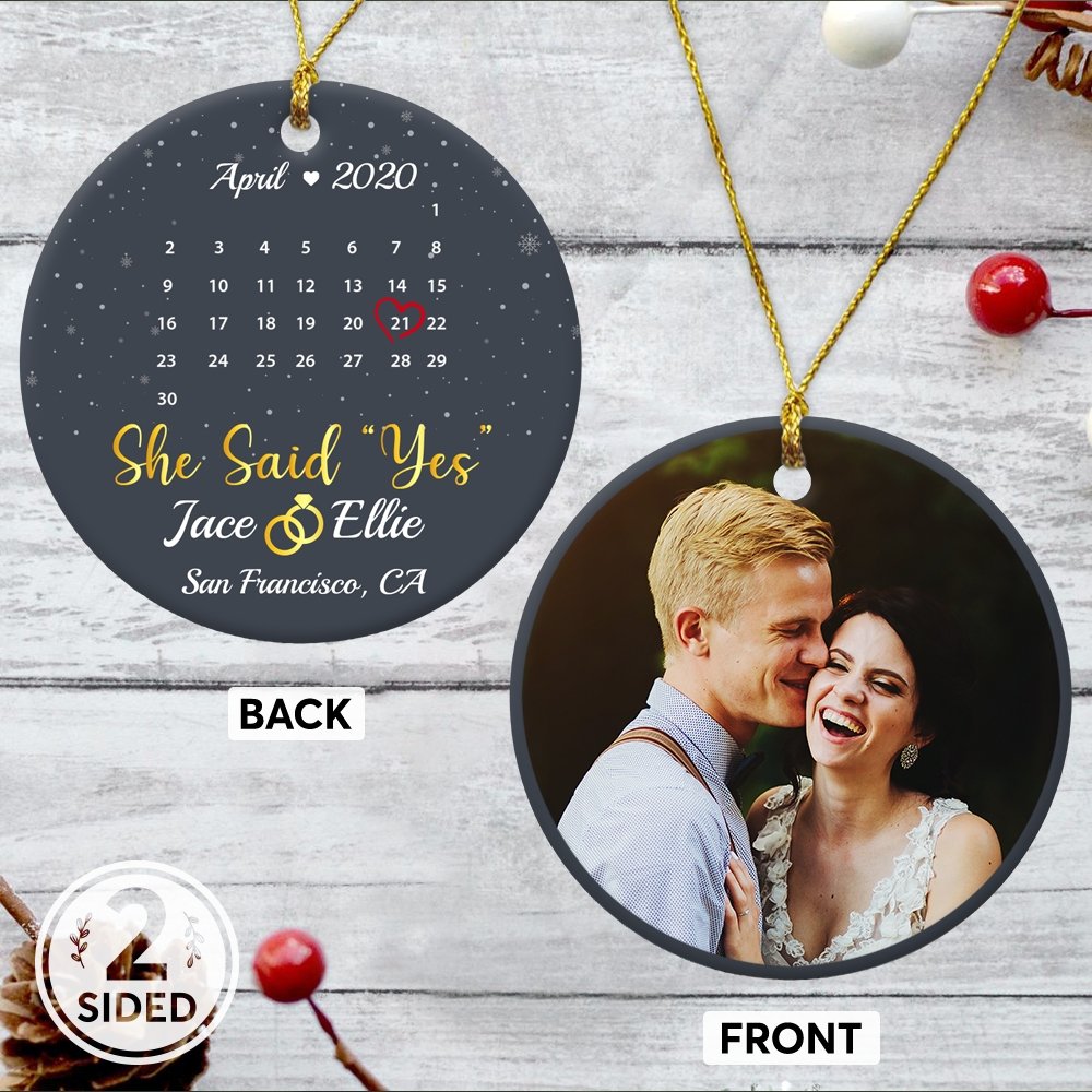 She Said Yes Custom Photo, Date And Text Anniversary Gift Navy Background Decorative Christmas Circle Ornament 2 Sided