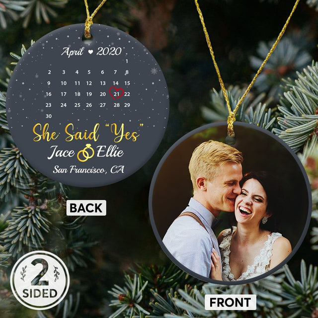 She Said Yes Custom Photo, Date And Text Anniversary Gift Navy Background Decorative Christmas Circle Ornament 2 Sided